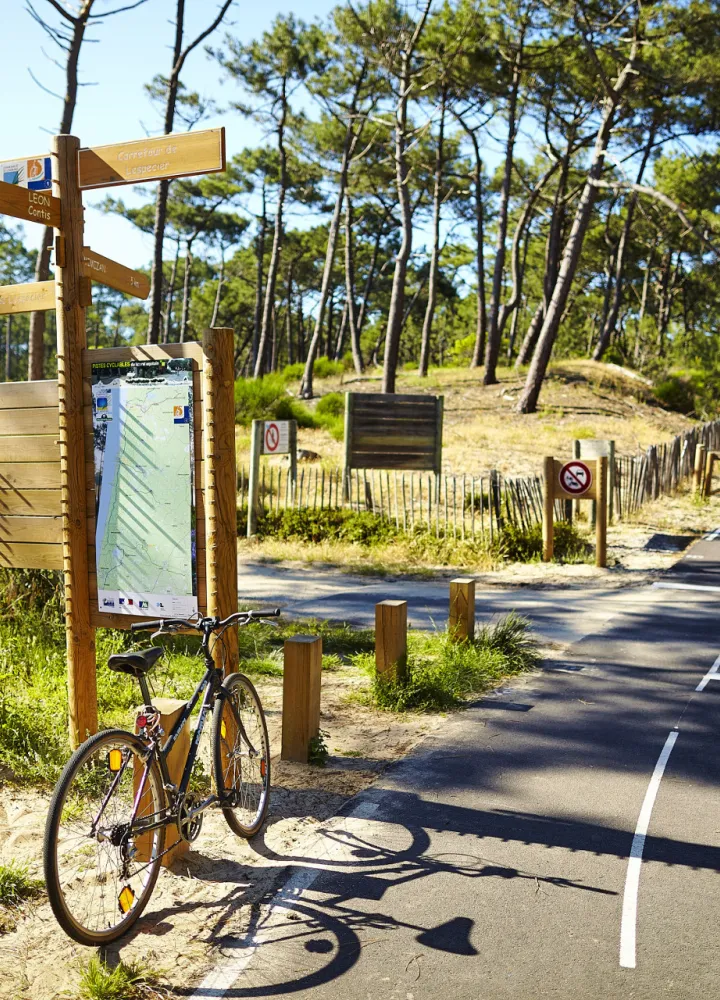Panneau de signalétique sur la Vélodyssée - Forêt des Landes
